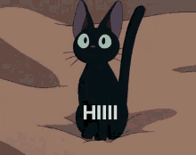 a black cat with green eyes is sitting on a bed with the word hhhh written on it