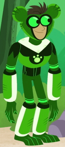 a cartoon character is wearing a green superhero costume and standing on a beach .