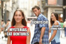 a man and a woman are walking down a street with mysterias cat dentures written on the bottom of the image