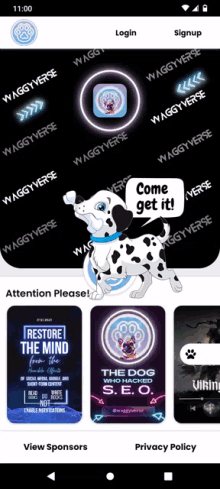 a dalmatian dog with a blue collar is on the waggyverse app