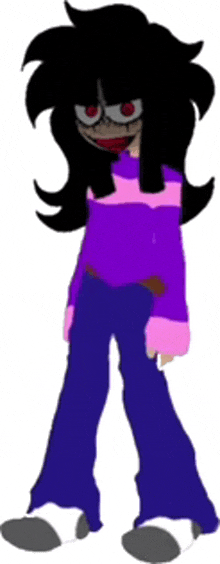 a cartoon character is wearing a purple sweater and blue jeans .