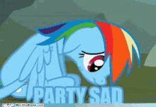 rainbow dash from my little pony laying down with the words party sad above her