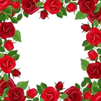 a square frame of red roses with green leaves on a white background