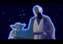 a pixel art of yoda and obi wan kenobi standing next to each other