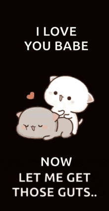 a cartoon of a cat laying on top of another cat with the words i love you babe now let me get those guts