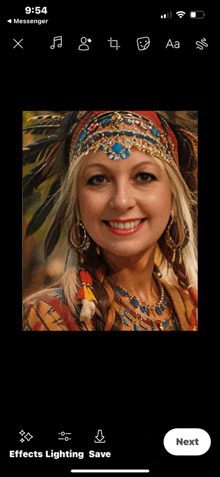 a phone screen shows a picture of a woman in a native american costume and says effects lighting save