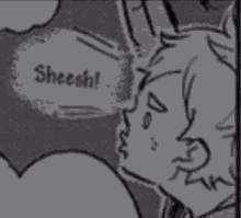 a black and white drawing of a person with a speech bubble that says sheesh