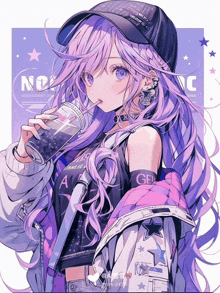 a girl with purple hair is drinking from a cup with the letter n on it