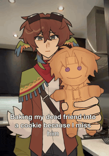 a drawing of a man holding a cookie with the caption baking my dead friend into a cookie because i miss him
