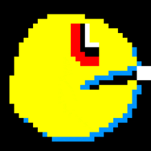 a pixel art of a yellow pac man with a red l on it 's face .