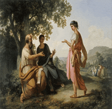 a painting of a man kneeling down talking to two women