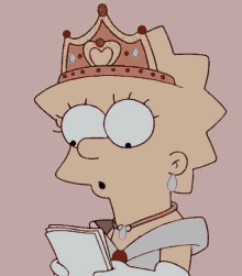 a cartoon of lisa simpson wearing a crown and holding a book .