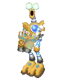 a cartoon robot is standing on its hind legs and holding a sword .