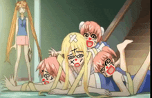 a group of anime girls laying on the floor with their faces drawn