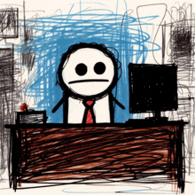 a drawing of a man in a tie sitting at a desk