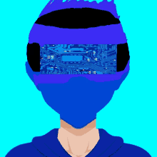 a drawing of a person wearing a blue mask with a circuit board on it