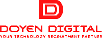 a logo for doyen digital shows a red letter d on a white background