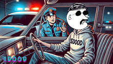 a man wearing a hoodie that says $ dood is sitting in a car with a police officer