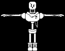 papyrus from undertale is a skeleton with a scarf around his neck and arms .