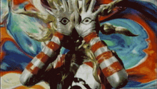 a painting of a woman with a striped shirt and gloves on