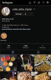 an instagram page for cafe latte tripoli with 139 posts