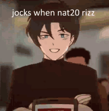 a picture of a boy with the caption jocks when nat20 rizz