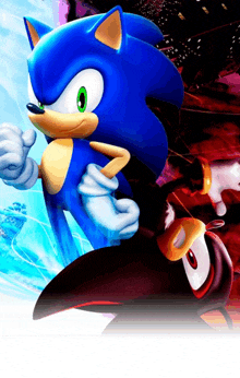 sonic the hedgehog and shadow the hedgehog are standing next to each other on a white background