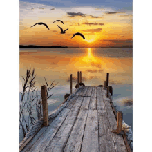 a wooden dock overlooking a body of water with birds flying overhead at sunset .