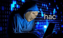 a man in a hoodie is typing on a laptop and the word hack is visible