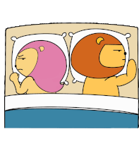 a cartoon of a lion and a woman laying in bed