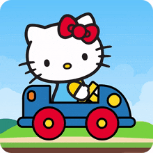 hello kitty is driving a blue toy car