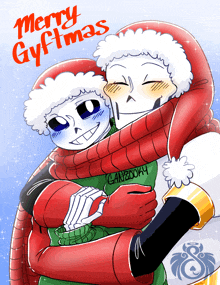 a drawing of two skeletons hugging each other with the words merry giftmas written above them