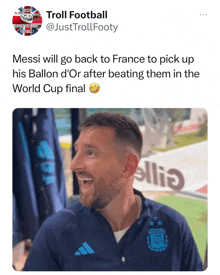 a tweet from troll football says messi will go back to france to pick up his ballon d' or