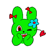 a green bunny with a flower on its head and red bows