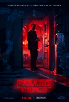 a poster for paratici things shows a man standing in front of a door