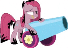 pinkie pie from my little pony is holding a blue cannon .