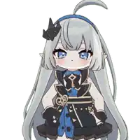 a girl with gray hair and blue eyes is wearing a black and blue outfit