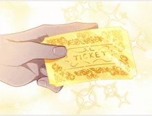 a person is holding a yellow ticket that says ticket on it