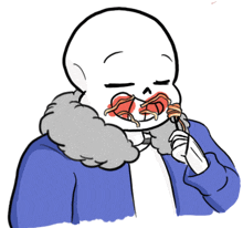 a drawing of a skeleton wearing a blue jacket eating something