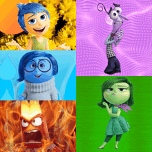 a collage of four cartoon characters including joy sadness and disgust