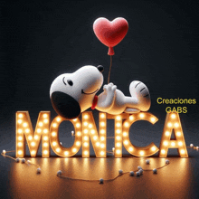 snoopy is holding a heart shaped balloon in front of the name monica