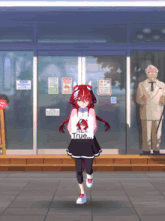 a girl holding a sign that says true in front of a kfc