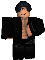 a roblox character without a shirt is wearing a black suit