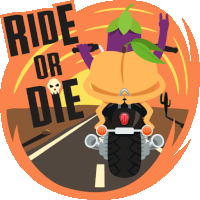 a cartoon of a pumpkin riding a motorcycle with the words ride or die behind it