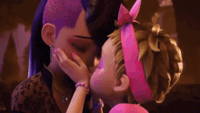 two cartoon girls are touching each other 's faces and looking at each other .