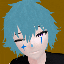 a cartoon character with blue hair and a blue star on his face