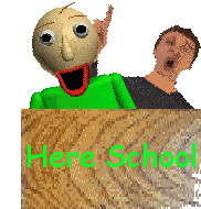 a video game character behind a wooden sign that says " here school "