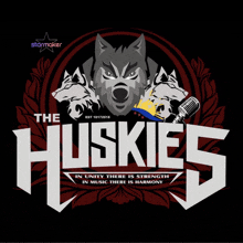 a logo for the huskies with a wolf and a microphone on a black background