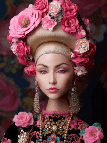 a mannequin wearing a crown of pink flowers