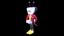 a pixel art character holding a microphone with the words it 's time behind him